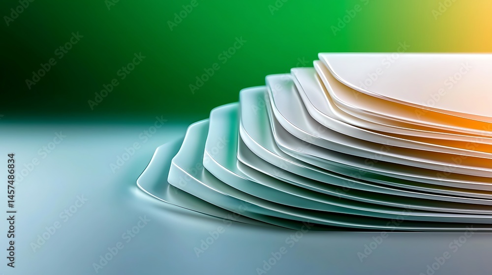 Poster stacked translucent sheets on a smooth surface with a gradient background, showcasing light play