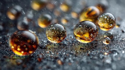 A stark backdrop of water droplets on a surface, each containing PFAS chemicals, a haunting reminder of the invisible environmental threat
