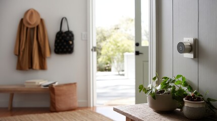 An entryway featuring a smart lock that allows keyless entry and provides alerts to the homeowner whenever someone arrives.