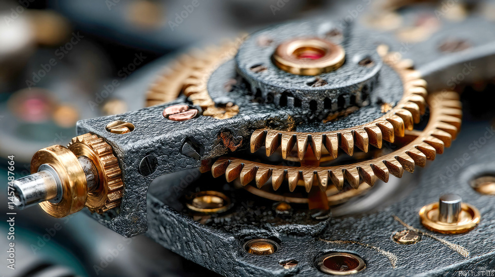 Poster extreme macro view of metallic watch gears and cogs, showcasing intricate mechanical detail and prec