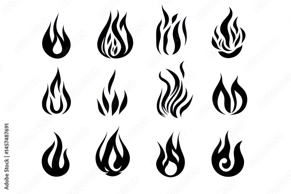 Poster a grid of twelve flame icons in grayscale with varying shapes and intensities against a checkered ba