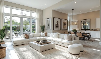 Modern living room, open plan, sunlight, patio view, home decor, interior design