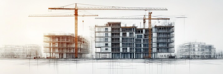 Brutalist skyline architecture illustration smart city and delicate construction site sketch overlay in detail shot under overcast ambiance