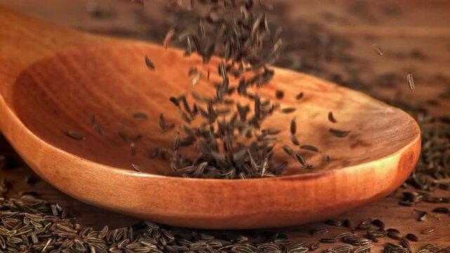 Cumin falls on a wooden spoon. Filmed on a high-speed camera at 1000 fps. High quality FullHD footage
