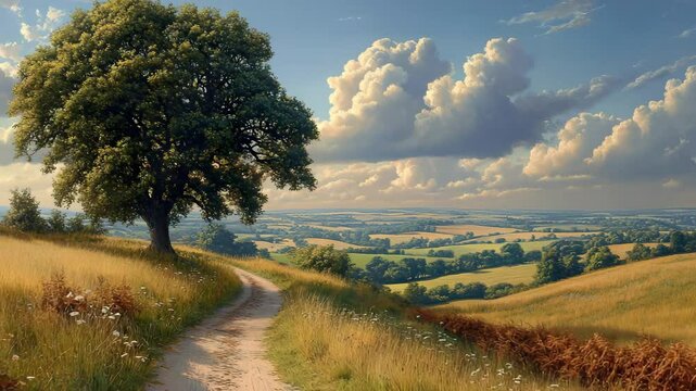 A painting of a tree in the middle of a field
