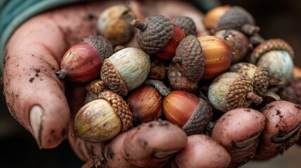 Handful of natural acorns with textured shells and earthy tones