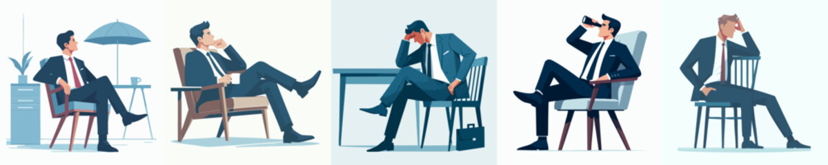 set vector businessman sitting relaxed on chair