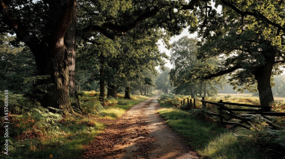 Poster a tranquil forest path surrounded by lush trees and greenery.