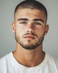 young man buzzcut stylish portrait grey background