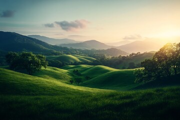 green hills under blue sky sunbeam landscape nature