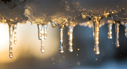Glistening Icicles Meltdown Golden Hour Snow Cap Winter Freeze Thaw