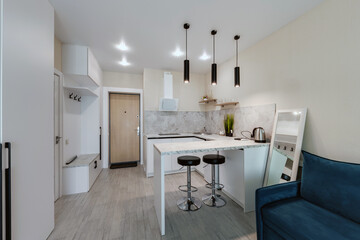 Interior of the modern luxure kitchen  in studio apartments in minimalistic style