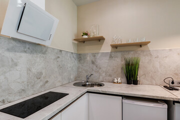 Interior of the modern luxure kitchen  in studio apartments in minimalistic style