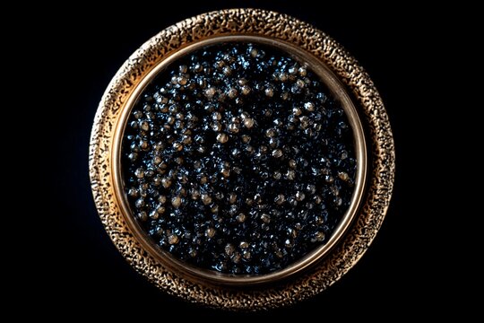 A lavish bowl filled with dark caviar showcases its unique texture and shine. The intricate design of the bowl enhances the appeal of this gourmet delicacy, creating an opulent visual experience