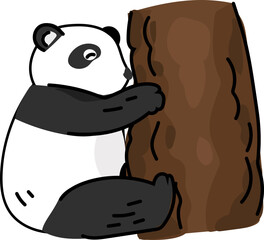 Cute panda hugging a tree log, playful doodle character design