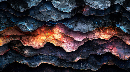 Formaciones abstractas y coloridas que recuerdan estructuras geológicas, con azules profundos, negros, naranjas y amarillos vibrantes.maravillas geológicas y arte natural en movimiento fluido.