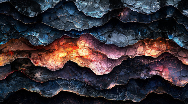 Formaciones abstractas y coloridas que recuerdan estructuras geol&oacute;gicas, con azules profundos, negros, naranjas y amarillos vibrantes.maravillas geol&oacute;gicas y arte natural en movimiento fluido.
