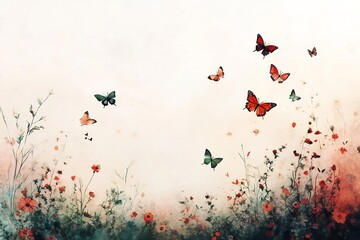 soft garden with butterflies and mother shoulder watercolor