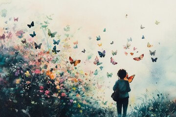 soft garden with butterflies and mother shoulder watercolor