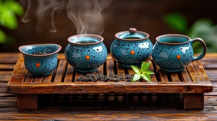 Steaming teal tea set on wooden tray