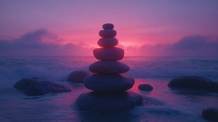 Stone stack at sunset, tranquil beach scene