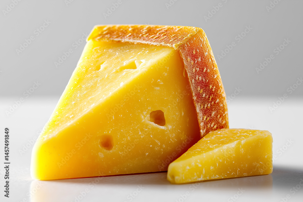 Poster hard cheese triangle wrapped in wax displayed on pristine white surface. minimalist setting highligh