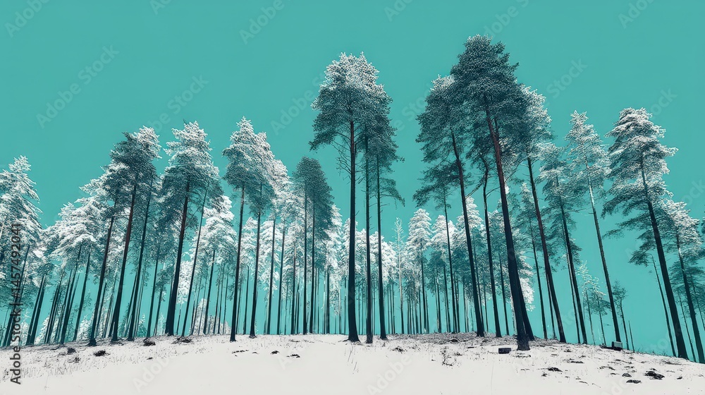 Poster stylized trees with a turquoise background create a striking visual contrast.