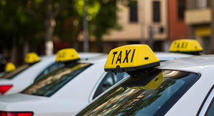 Line of White Taxis with Yellow Signs in an Urban Setting Daytime Street View Offering Public Transportation and Travel Services