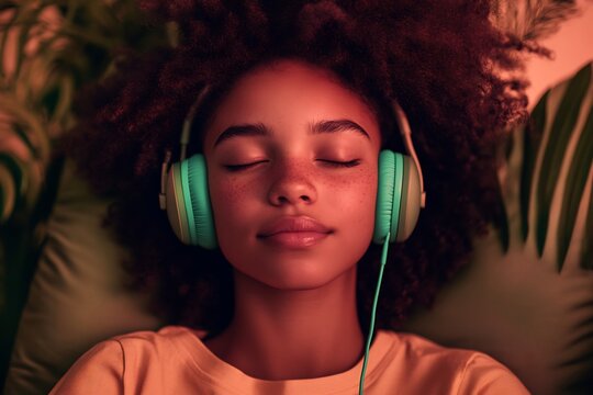 Woman relaxing on bean bag with pastel headphones