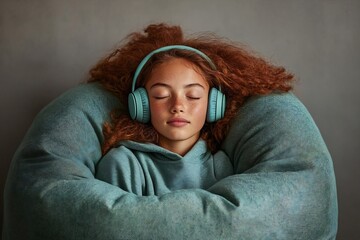 Woman relaxing on bean bag with pastel headphones