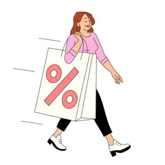 Woman walking with giant shopping bag with discount symbol