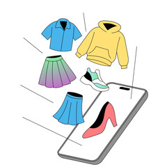 Clothing items flying from smartphone as online fashion shopping concept