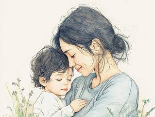 Hand-drawn illustration of mother and child in soft light