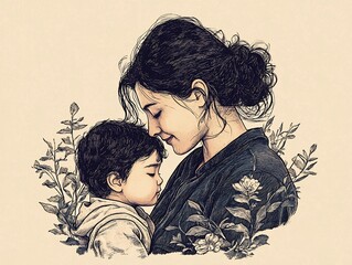 Hand-drawn illustration of mother and child in soft light