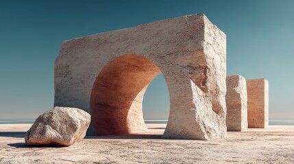 Surreal stone structures in a vast, barren landscape under a clear sky.