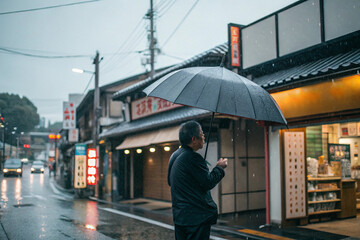 Rainy season. Rainy season. People stick umbrellas behind them in sudden squalls.