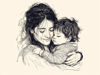 Hand-drawn illustration of mother and child in soft light