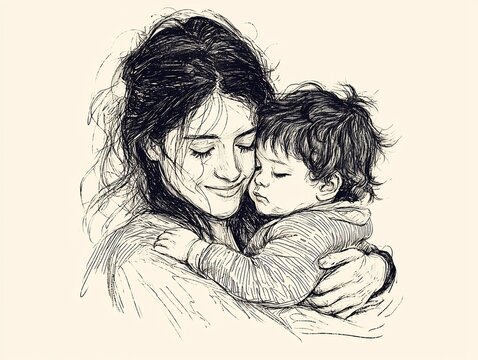 Hand-drawn illustration of mother and child in soft light - Powered by Adobe