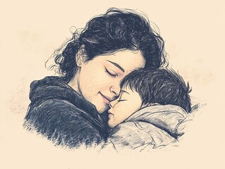 Hand-drawn illustration of mother and child in soft light