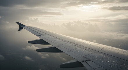 Fototapeta premium Wing View Through Clouds With Raindrops During Travel Journey