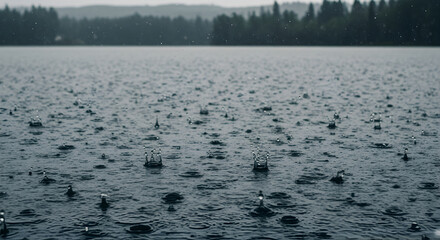 Raindrops Dancing On A Calm Lake Surface After A Storm