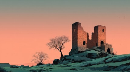 Obraz premium Ruins of an ancient castle with a tree against a colorful sunset sky.
