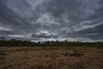 Fototapeta premium Dramatic sky with rain clouds and blue sky over a spring marsh, Høgsmåsan, Norway