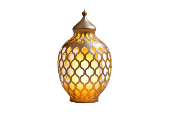 A golden ornate vase with a lattice pattern design standing on a black background in a studio setting