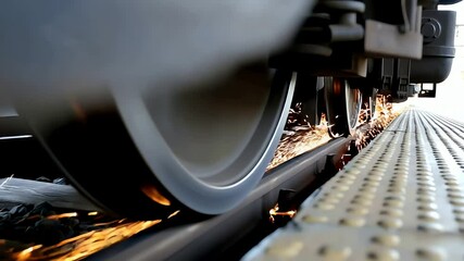 Close-up of the wheels of a train as it starts moving on the tracks and creates sparks, suitable for industrial documentaries or travel vlogs