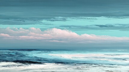Fototapeta premium Abstract seascape with blue tones and stylized clouds over a textured ocean surface.