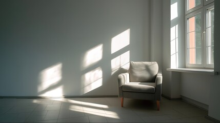 Fototapeta premium Minimalist living room corner with modern armchair and natural light. Simplicity and calm in contemporary design.