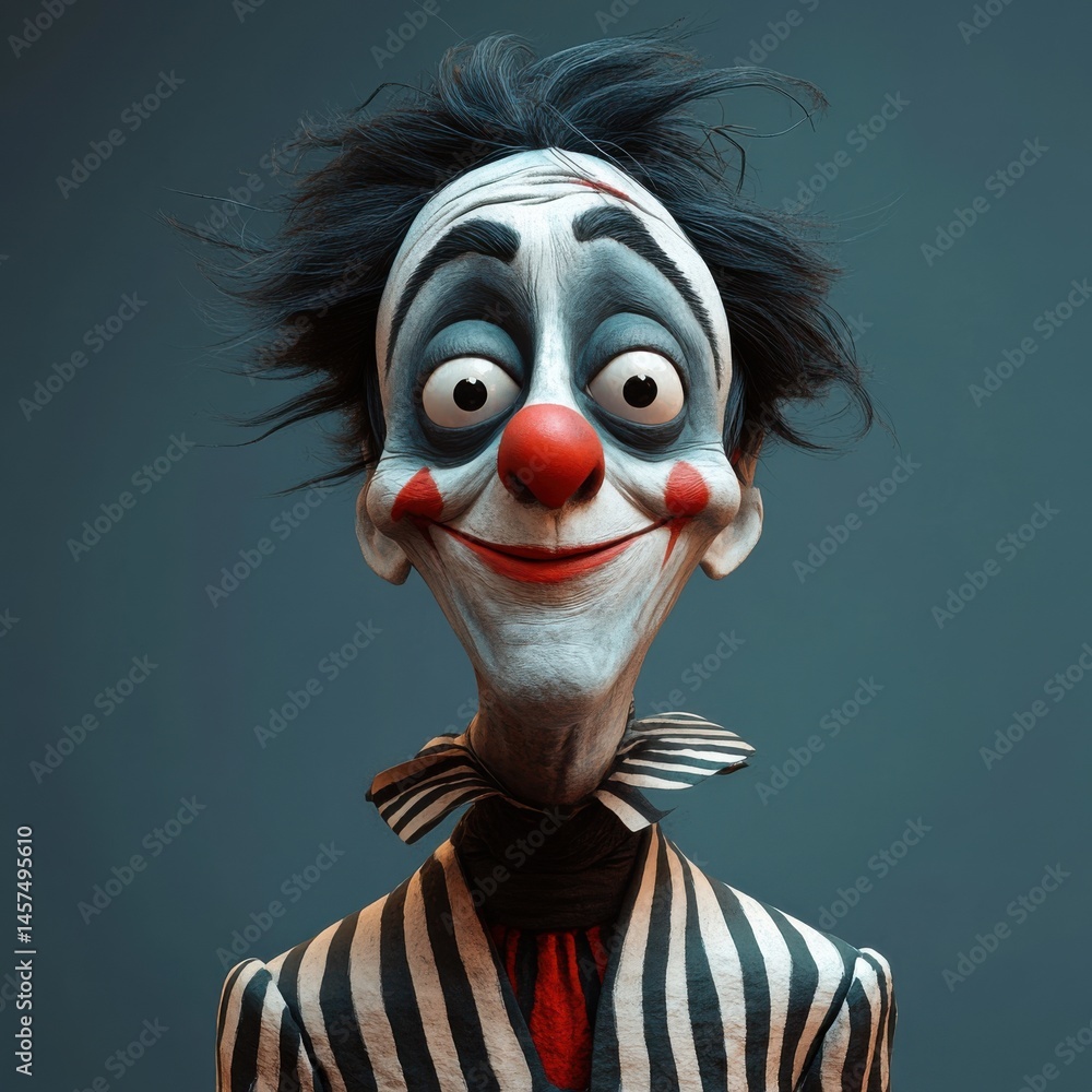 Poster a 3d caricature of a mime with a comically exaggerated expression.