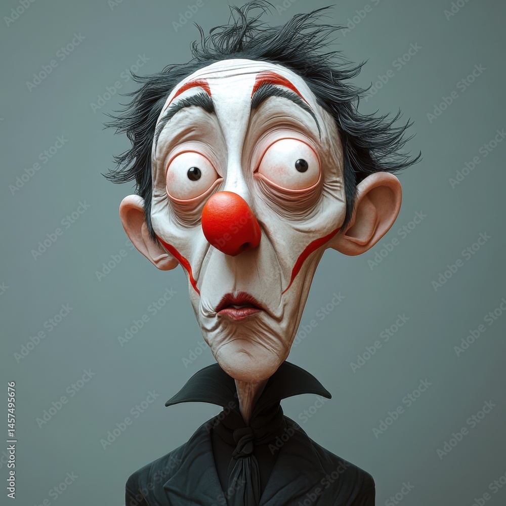 Poster a 3d caricature of a mime with a comically exaggerated expression.