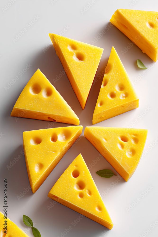 Poster triangle cheese slices arranged in a radial layout create a striking visual. clean white background 